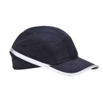 A navy blue bump cap with a lightweight internal protective shell, designed to protect against minor head bumps and scrapes.