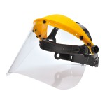 A protective face visor with a clear scratch-resistant polycarbonate shield and adjustable headband, offering full-face protection during grinding or chemical handling.