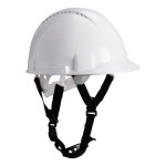 A white safety helmet with an adjustable suspension harness and ventilation slots, providing impact protection on construction sites.
