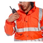 A high-visibility orange waterproof jacket featuring retroreflective tape panels, a breathable membrane, suitable for a wide range of outdoor and site work applications.