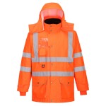 A high-visibility orange waterproof jacket featuring retroreflective tape panels, a breathable membrane, suitable for a wide range of outdoor and site work applications.
