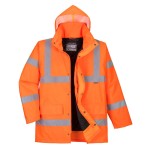 A high-visibility orange jacket featuring retroreflective tape panels, suitable for a wide range of outdoor and site work applications.