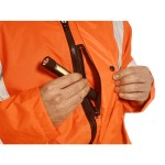 A high-visibility orange jacket featuring retroreflective tape panels, suitable for a wide range of outdoor and site work applications.