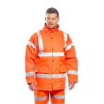 A high-visibility orange waterproof jacket featuring retroreflective tape panels, a breathable membrane, suitable for a wide range of outdoor and site work applications.