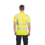 A high-visibility yellow work shirt featuring retroreflective tape panels, suitable for a wide range of outdoor and site work applications.