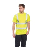 A high-visibility yellow work shirt featuring retroreflective tape panels, suitable for a wide range of outdoor and site work applications.