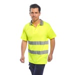A high-visibility yellow polo shirt featuring retroreflective tape panels, suitable for a wide range of outdoor and site work applications.