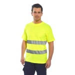 A high-visibility yellow work shirt featuring retroreflective tape panels, suitable for a wide range of outdoor and site work applications.
