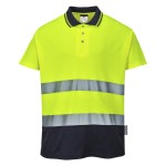 A high-visibility yellow polo shirt featuring retroreflective tape panels, suitable for a wide range of outdoor and site work applications.