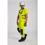 A high-visibility yellow polo shirt featuring retroreflective tape panels, suitable for a wide range of outdoor and site work applications.