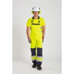 A high-visibility yellow polo shirt featuring retroreflective tape panels, suitable for a wide range of outdoor and site work applications.