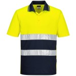 A high-visibility yellow polo shirt featuring retroreflective tape panels, suitable for a wide range of outdoor and site work applications.