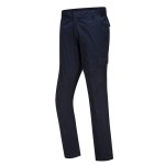 A pair of navy blue work trousers featuring stretch panels for ease of movement, suitable for a wide range of outdoor and site work applications.