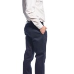 A pair of navy blue work trousers featuring stretch panels for ease of movement, suitable for a wide range of outdoor and site work applications.