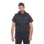 A black workwear garment designed for use on construction sites and in industrial work environments.,