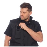 A black workwear garment designed for use on construction sites and in industrial work environments.,