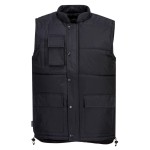 A black workwear garment designed for use on construction sites and in industrial work environments.,
