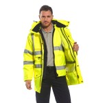 A high-visibility yellow waterproof jacket featuring retroreflective tape panels, a breathable membrane, suitable for a wide range of outdoor and site work applications.