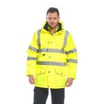 A high-visibility yellow waterproof jacket featuring retroreflective tape panels, a breathable membrane, suitable for a wide range of outdoor and site work applications.