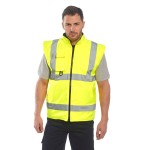A high-visibility yellow waterproof jacket featuring retroreflective tape panels, a breathable membrane, suitable for a wide range of outdoor and site work applications.