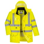 A high-visibility yellow waterproof jacket featuring retroreflective tape panels, a breathable membrane, suitable for a wide range of outdoor and site work applications.