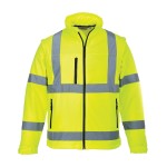 A high-visibility yellow softshell jacket featuring retroreflective tape panels, suitable for a wide range of outdoor and site work applications.