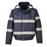A navy blue jacket designed for use on construction sites and in industrial work environments.,