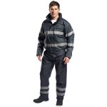 A navy blue jacket designed for use on construction sites and in industrial work environments.,