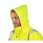 A high-visibility yellow jacket featuring retroreflective tape panels, suitable for a wide range of outdoor and site work applications.