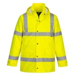 A high-visibility yellow jacket featuring retroreflective tape panels, suitable for a wide range of outdoor and site work applications.