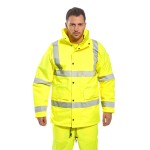 A high-visibility yellow jacket featuring retroreflective tape panels, suitable for a wide range of outdoor and site work applications.