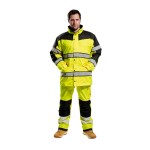 A high-visibility yellow jacket featuring retroreflective tape panels, suitable for a wide range of outdoor and site work applications.