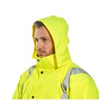 A high-visibility yellow jacket featuring retroreflective tape panels, suitable for a wide range of outdoor and site work applications.