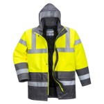 A high-visibility yellow jacket featuring retroreflective tape panels, suitable for a wide range of outdoor and site work applications.