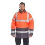 A high-visibility orange jacket featuring retroreflective tape panels, suitable for a wide range of outdoor and site work applications.