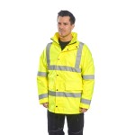A high-visibility yellow jacket featuring retroreflective tape panels, suitable for a wide range of outdoor and site work applications.
