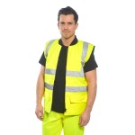 A high-visibility yellow jacket featuring retroreflective tape panels, suitable for a wide range of outdoor and site work applications.