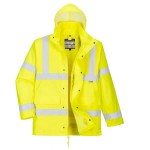 A high-visibility yellow jacket featuring retroreflective tape panels, suitable for a wide range of outdoor and site work applications.
