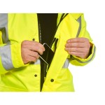 A high-visibility yellow jacket featuring retroreflective tape panels, suitable for a wide range of outdoor and site work applications.