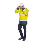 A high-visibility yellow jacket featuring retroreflective tape panels, suitable for a wide range of outdoor and site work applications.