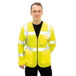 A high-visibility yellow jacket featuring retroreflective tape panels, suitable for a wide range of outdoor and site work applications.
