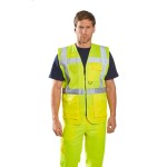 A high-visibility yellow vest featuring retroreflective tape panels, suitable for a wide range of outdoor and site work applications.