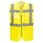 A high-visibility yellow vest featuring retroreflective tape panels, suitable for a wide range of outdoor and site work applications.