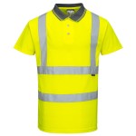 A high-visibility yellow polo shirt featuring retroreflective tape panels, suitable for a wide range of outdoor and site work applications.
