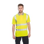 A high-visibility yellow polo shirt featuring retroreflective tape panels, suitable for a wide range of outdoor and site work applications.