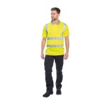 A high-visibility yellow polo shirt featuring retroreflective tape panels, suitable for a wide range of outdoor and site work applications.