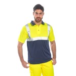 A high-visibility yellow polo shirt featuring retroreflective tape panels, suitable for a wide range of outdoor and site work applications.