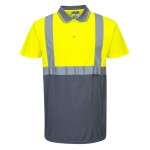 A high-visibility yellow polo shirt featuring retroreflective tape panels, suitable for a wide range of outdoor and site work applications.