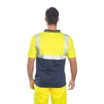 A high-visibility yellow polo shirt featuring retroreflective tape panels, suitable for a wide range of outdoor and site work applications.