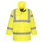 A high-visibility yellow waterproof jacket featuring retroreflective tape panels, suitable for a wide range of outdoor and site work applications.